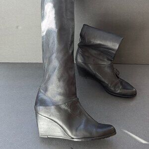 Wedge Heel Knee High Leather Boots Black 9 Goth Spain Witchy Boots